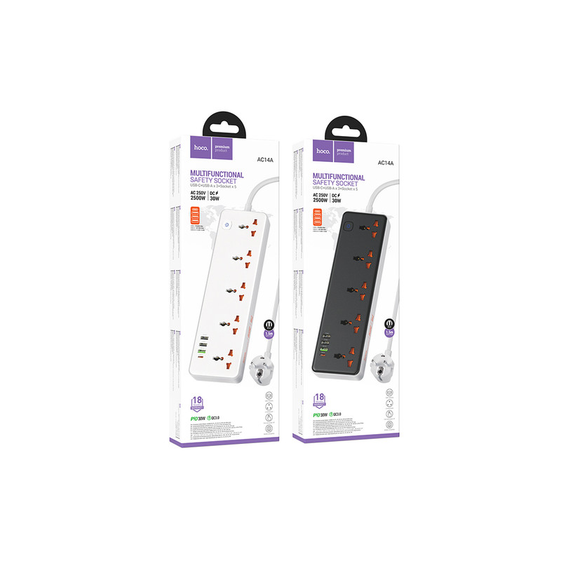 شارژر و چند راهی برق هوکو  AC14A ( پنج خروجی برق - دو خروجی USB - یک خروجی 18 وات - یک خروجی 30 وات )